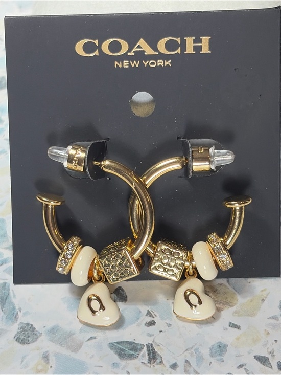 Coach Jewelry - Coach Gold Tone Charm Hoop Earrings Heart Logo Dangle Bead Charms #46